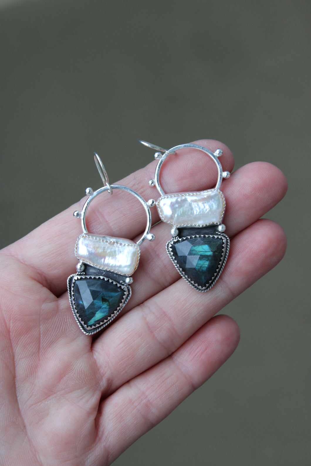 LABRADORITE, PEARL + SILVER EARRINGS