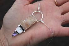 BELOMORITE MOONSTONE, WHITE BUFFALO, AMETHYST + SILVER NECKLACE
