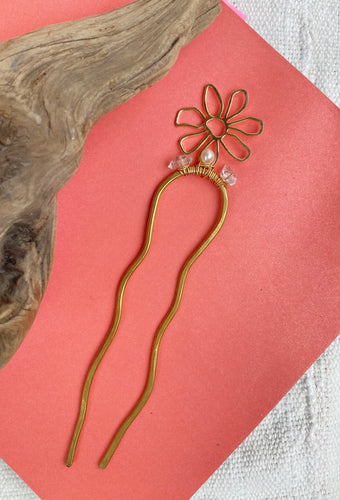 FLOWER POWER HAIR FORK // HERKIMER DIAMOND, PEARL + BRASS