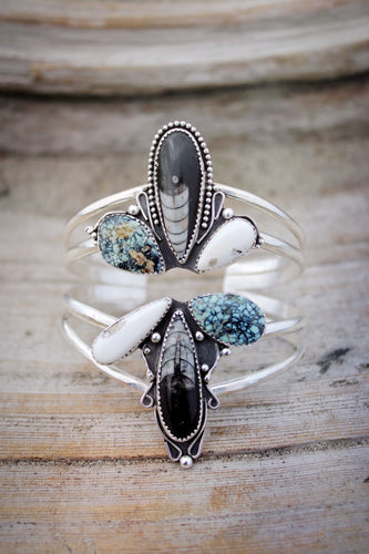 TYLER CUFF // VARISCITE, WHITE BUFFALO, ORTHOCERAS FOSSIL + SILVER