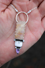 BELOMORITE MOONSTONE, WHITE BUFFALO, AMETHYST + SILVER NECKLACE