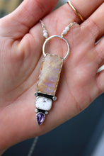 BELOMORITE MOONSTONE, WHITE BUFFALO, AMETHYST + SILVER NECKLACE