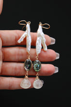 FRESHWATER PEARL, ABALONE, CHALCEDONY + GOLD EARRINGS