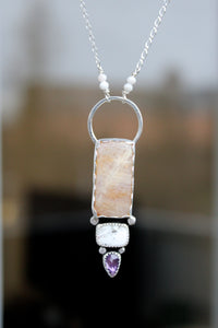 BELOMORITE MOONSTONE, WHITE BUFFALO, AMETHYST + SILVER NECKLACE