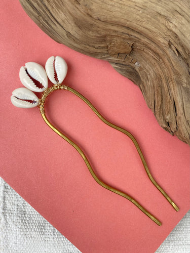COWRIE SHELL + BRASS HAIR FORK