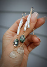 FRESHWATER PEARL, ABALONE, CHALCEDONY + GOLD EARRINGS