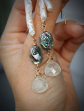 FRESHWATER PEARL, ABALONE, CHALCEDONY + GOLD EARRINGS