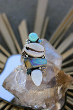 MERMAID SOUL RING // WHITE BUFFALO, OPAL, TURQUOISE, TOURMALINE, COWRIE SHELL, SILVER + GOLD // SIZE 7