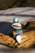 MERMAID SOUL RING // WHITE BUFFALO, OPAL, TURQUOISE, TOURMALINE, COWRIE SHELL, SILVER + GOLD // SIZE 7