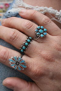 VINTAGE ELEMENTS // TURQUOISE, CORAL, ONYX + SILVER RING // SIZE 5-8