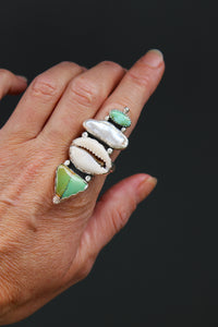 ISLAND RING // TURQUOISE, PEARL, COWRIE SHELL + SILVER // SIZE 9