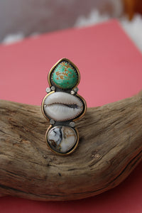 CALEDONIA RING // TURQUOSIE, COWRIE SHELL, WHITE BUFFALO, SILVER + GOLD // SIZE 8