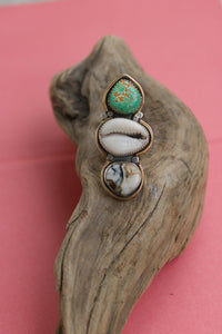 CALEDONIA RING // TURQUOSIE, COWRIE SHELL, WHITE BUFFALO, SILVER + GOLD // SIZE 8