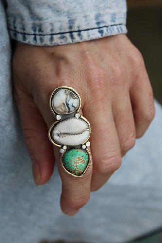 CALEDONIA RING // TURQUOSIE, COWRIE SHELL, WHITE BUFFALO, SILVER + GOLD // SIZE 8