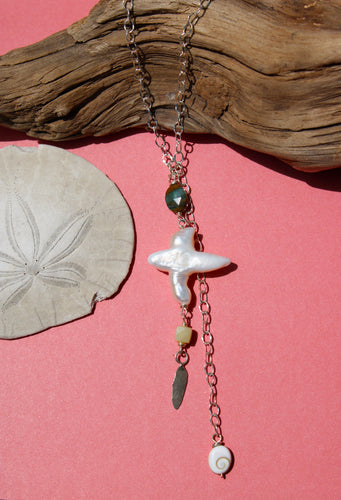 THE CALI NECKLACE // PEARL, CHRYSOPRASE, SHELL, OPALIZED WOOD + SILVER