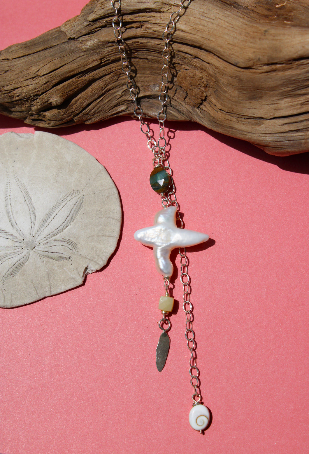 THE CALI NECKLACE // PEARL, CHRYSOPRASE, SHELL, OPALIZED WOOD + SILVER