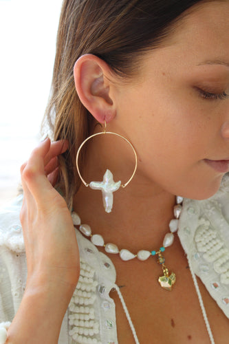CROSS PEARL + GOLD EARRINGS