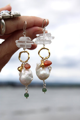 PEARL, QUARTZ CRYSTAL, SUNSTONE, AQUAMARINE + MIXED METAL EARRINGS