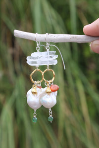PEARL, QUARTZ CRYSTAL, SUNSTONE, AQUAMARINE + MIXED METAL EARRINGS