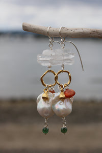 PEARL, QUARTZ CRYSTAL, SUNSTONE, AQUAMARINE + MIXED METAL EARRINGS