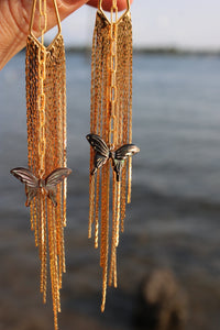 ABALONE BUTTERFLY GOLD TASSEL EARRINGS