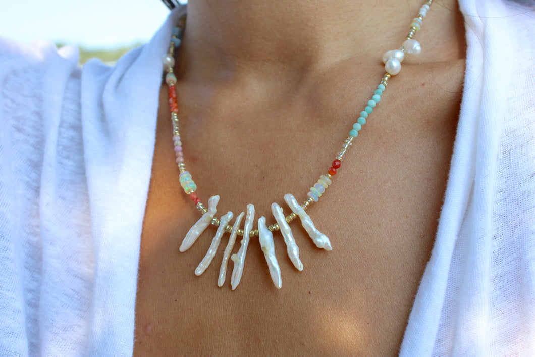 MAZU NECKLACE // OPAL, PEARL, AGATE, MOTHER OF PEARL, AMAZONITE + PHOSPHOSIDERITE