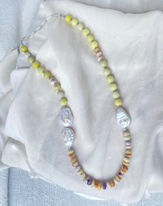 GUAVA NECKLACE // MEXICAN OPAL, FRESHWATER PEARL, CANARY JADE + SILVER
