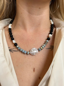 LUCIA NECKLACE // BLACK ONYX, BLUE OPAL, FRESHWATER PEARL + SILVER