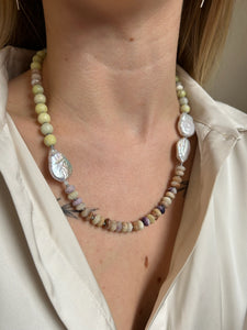 GUAVA NECKLACE // MEXICAN OPAL, FRESHWATER PEARL, CANARY JADE + SILVER