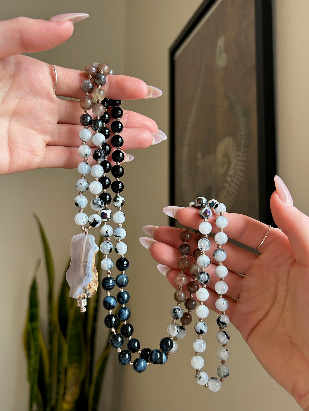 MOUNTAIN FOG MALA // AGATE, MOONSTONE, SUNSTONE, BLACK ONYX + BLUE TIGERS EYE