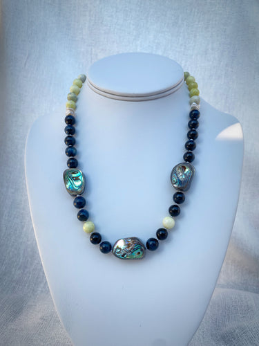 MIKAYLA NECKLACE // ABALONE, BLUE TIGERS EYE, JADE + PEARL