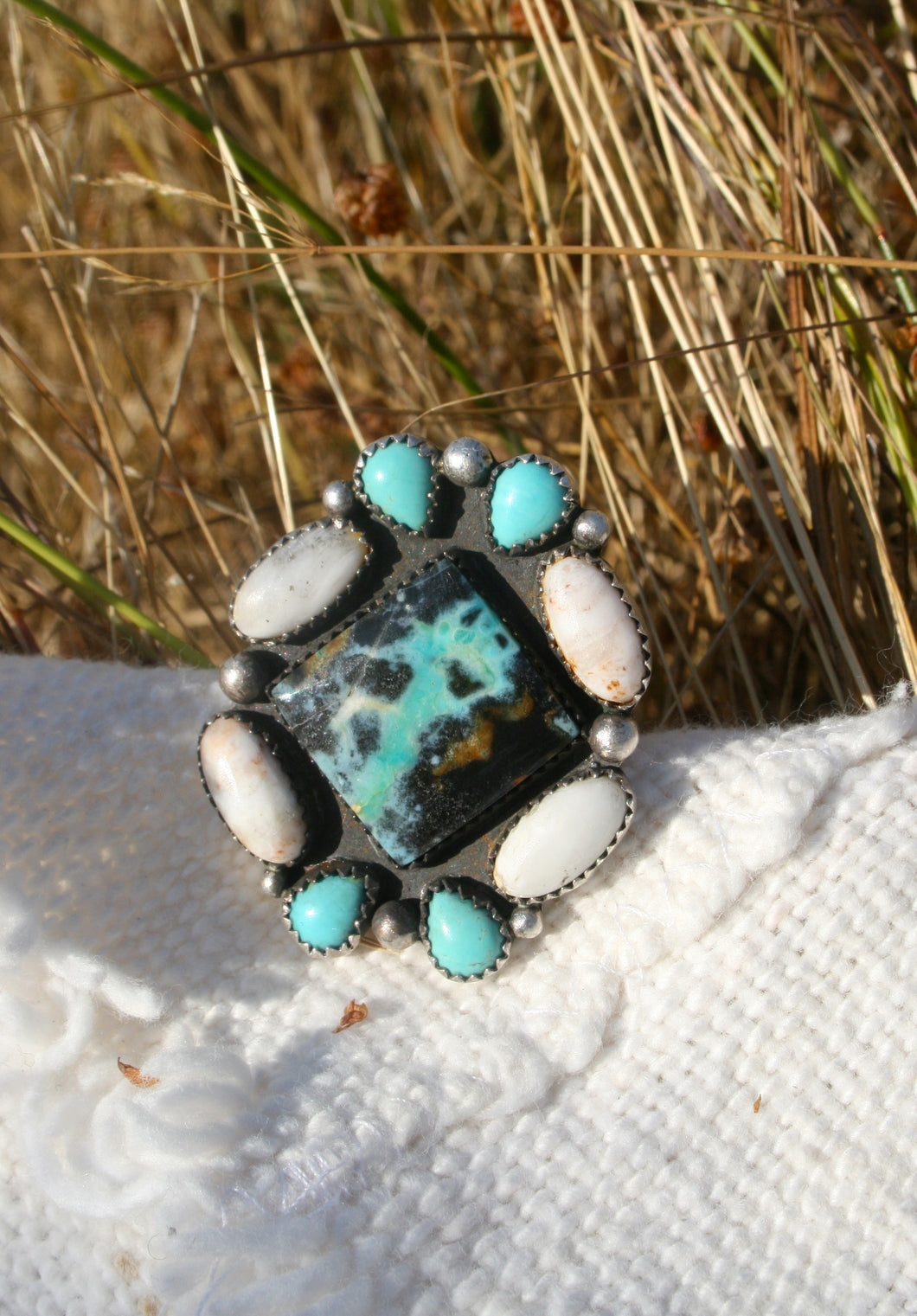 CARSON RING // WHITE BUFFALO, OPALIZED WOOD, TURQUOISE + SILVER // SIZE 9 //