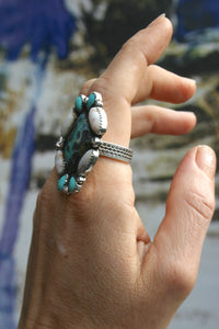 CARSON RING // WHITE BUFFALO, OPALIZED WOOD, TURQUOISE + SILVER // SIZE 9 //