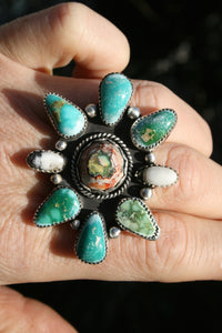 FLORA RING // EMERALD VALLEY TURQUOISE, WHITE BUFFALO, FIRE OPAL + SILVER // SIZE 6.75